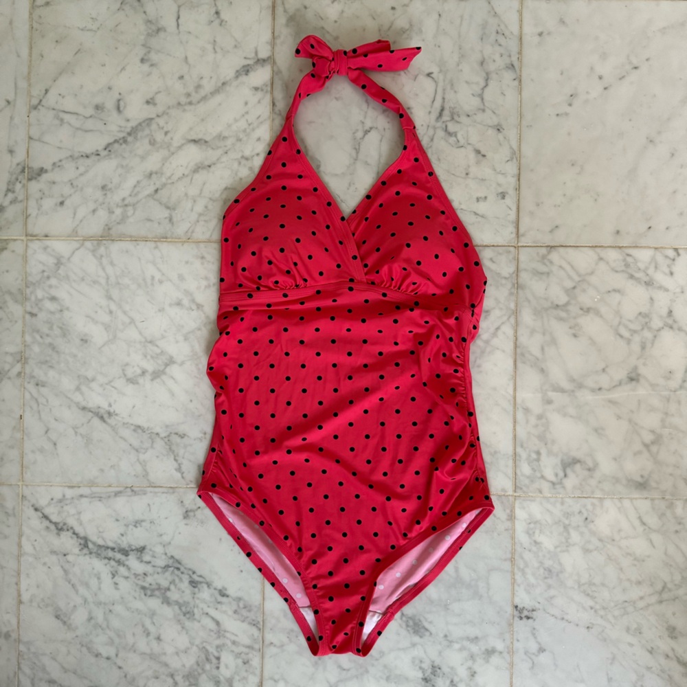 Beach Bump Maternity Hot Pink Polka Dot Halter One Piece Swimsuit